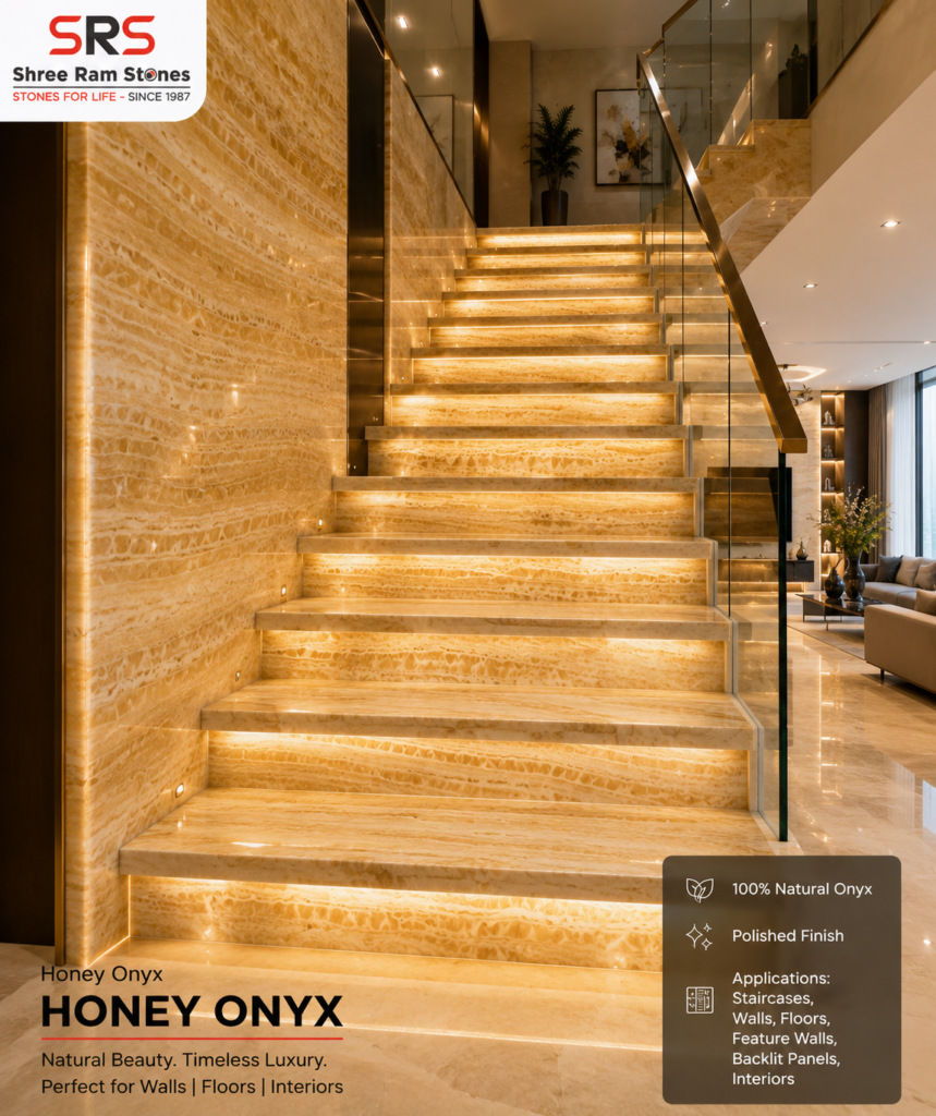 Premium Honey Onyx feature wall and flooring with polished natural onyx in a luxury living room.
