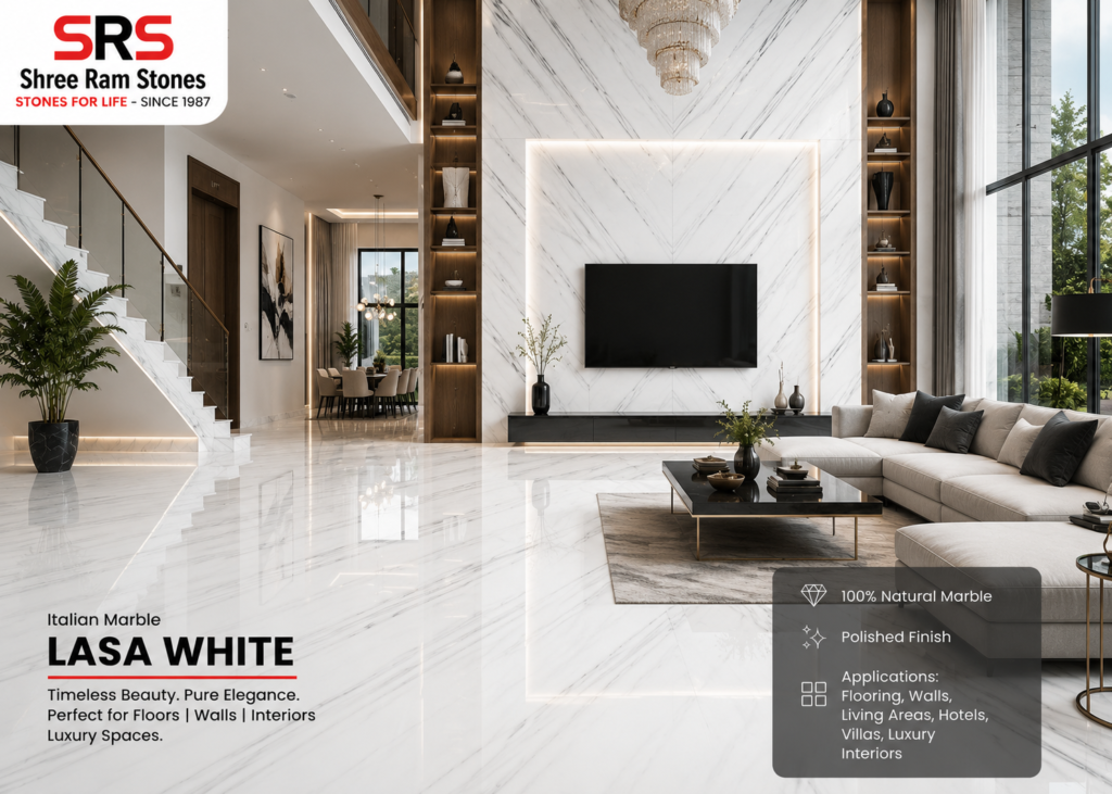 Italian Marble Lasa White book matched slabs with elegant white background and soft grey linear veining for luxury interior flooring and wall cladding.