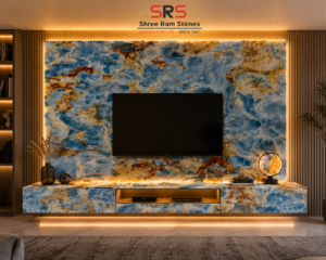 Blue Onyx New Arrival premium natural stone TV unit with elegant blue patterns for luxury living room interiors