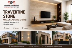 Premium travertine wall cladding installed in a modern living room and luxury exterior elevation with natural beige interior travertine tiles from Kishangarh.