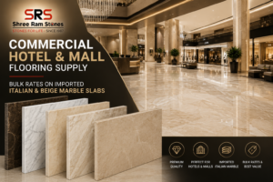 Commercial hotel and mall flooring with imported Italian and beige marble slabs supplied in bulk by Shree Ram Stone and Company for luxury commercial construction projects in India.