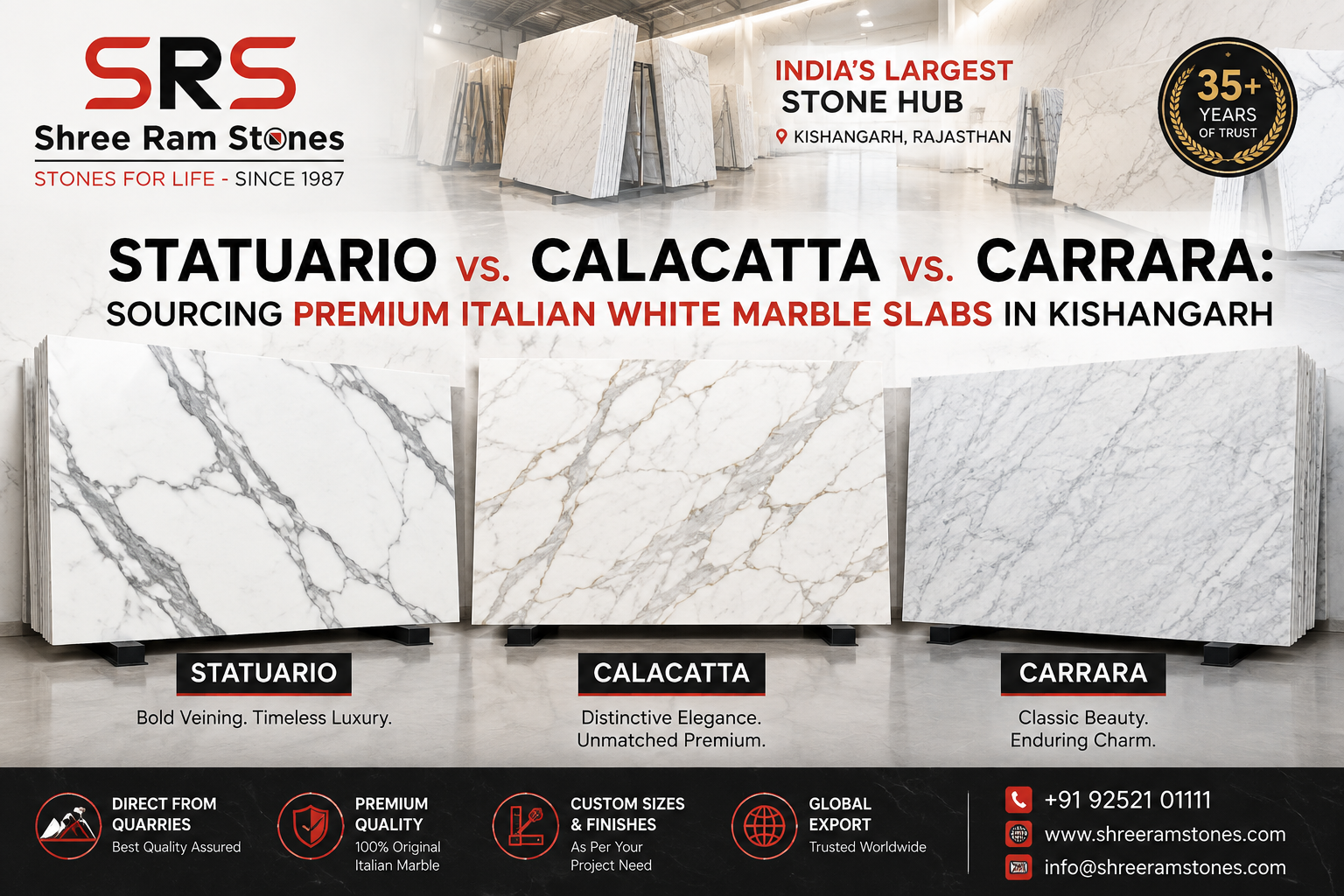 Statuario Calacatta and Carrara Italian white marble slabs in Kishangarh