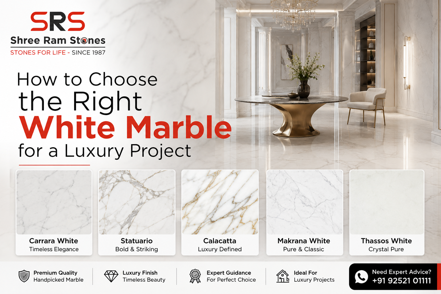 Premium white marble slabs with elegant natural veining for luxury interiors
