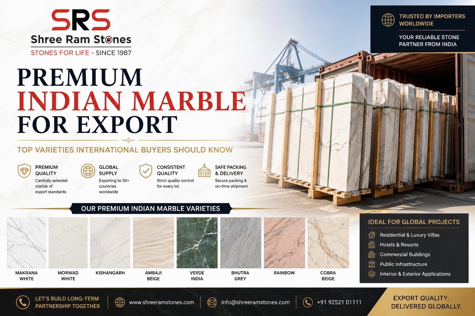 Premium Indian marble for export including Makrana White, Morwad White, Kishangarh, Ambaji Beige, Verde India, Bhutra Grey, Rainbow, and Cobra Beige marble.