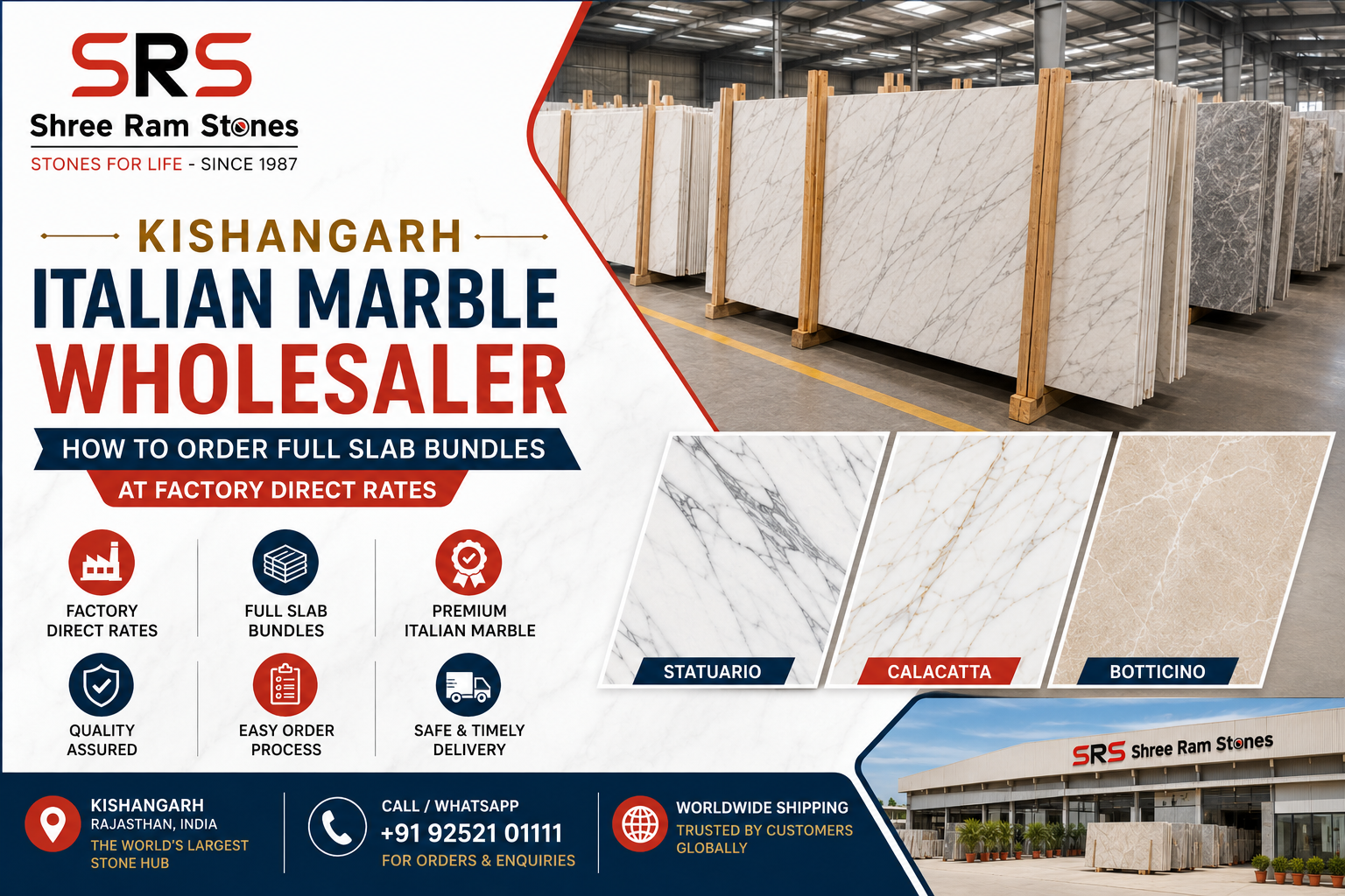 Kishangarh Italian Marble Wholesaler offering Statuario Marble, Calacatta Marble and Botticino Marble full slab bundles at factory direct wholesale rates by Shree Ram Stones.