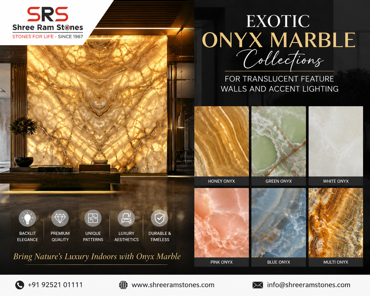 Exotic onyx marble slab with backlighting for a luxury feature wall