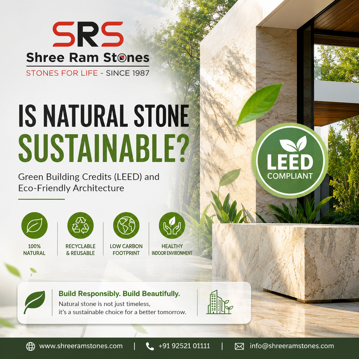 Sustainable natural stone used in modern eco-friendly architecture and green building design