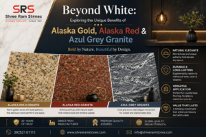Alaska Gold, Alaska Red and Azul Grey Granite slabs displayed for luxury interior applications.