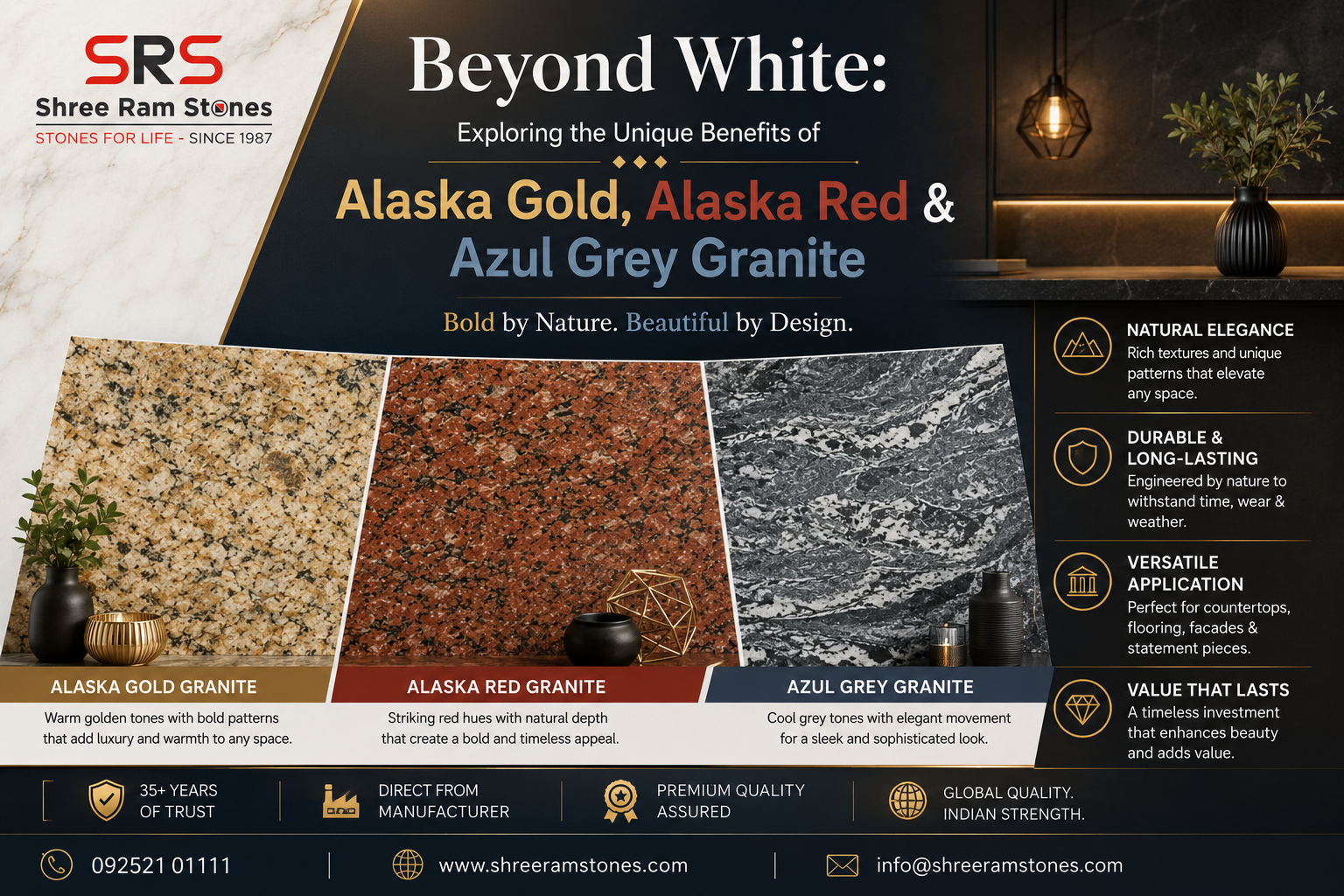 Alaska Gold, Alaska Red and Azul Grey Granite slabs displayed for luxury interior applications.