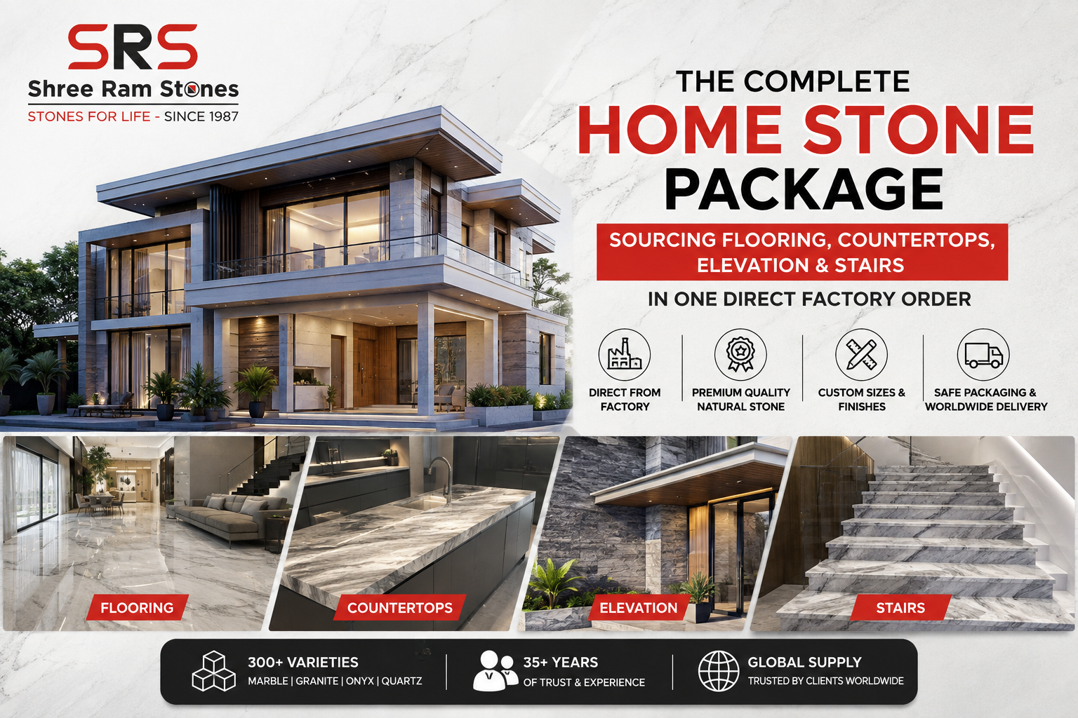 Modern luxury home featuring premium marble flooring, granite countertops, natural stone elevation, and marble stairs supplied by Shree Ram Stones.