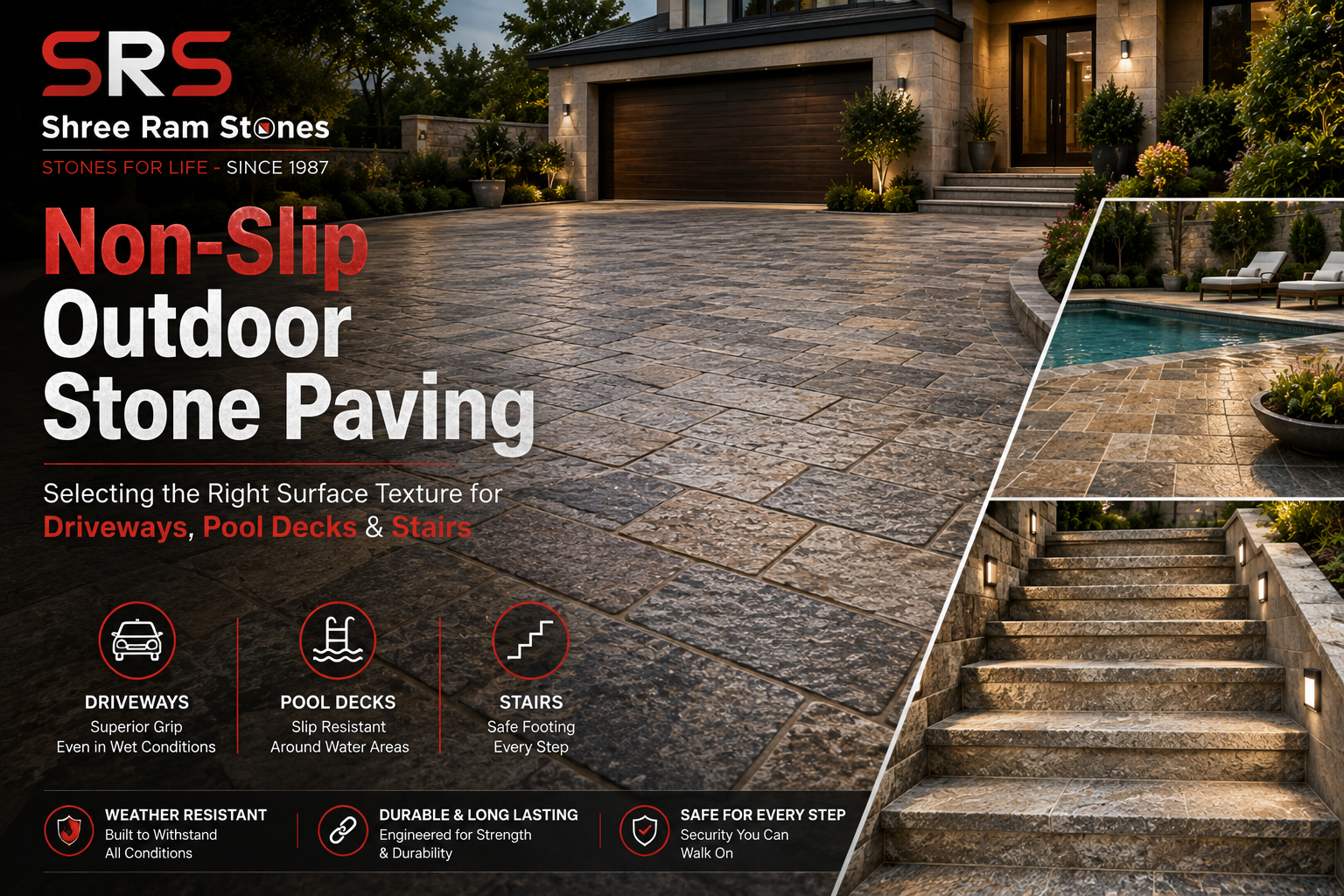 Non-slip outdoor stone paving with textured granite surface for driveways, pool decks, and stairs.