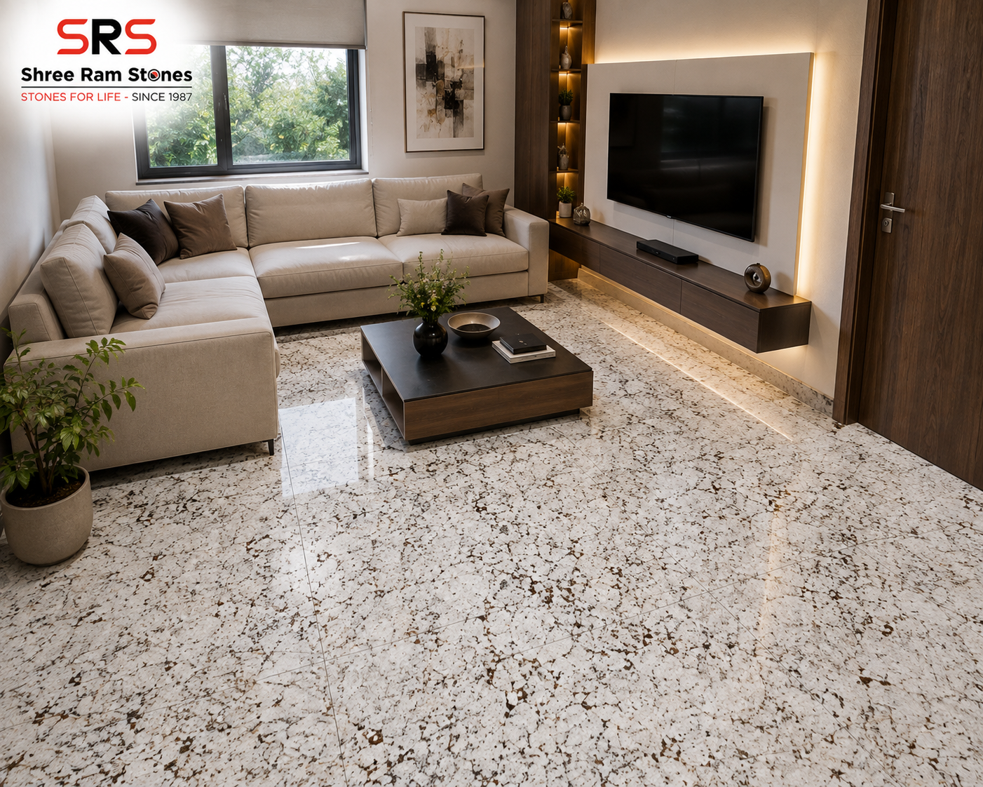 Alaska Granite Cappuccino White polished granite flooring in a modern luxury living room