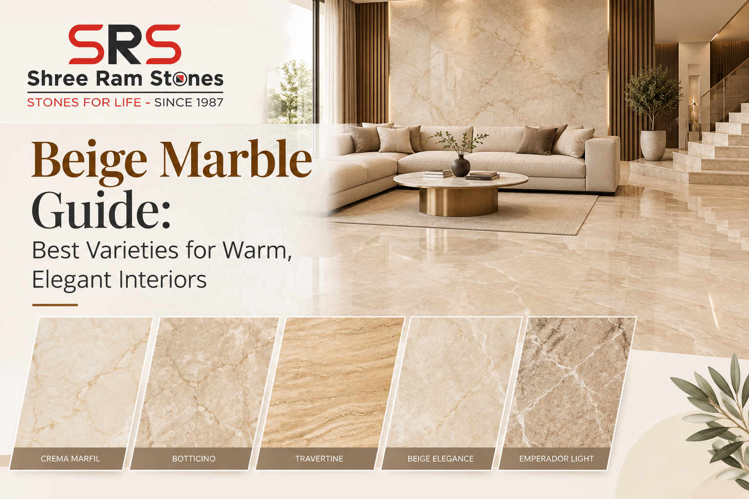 Beige Marble Guide featuring Crema Marfil, Botticino, Travertine, Beige Elegance and Emperador Light