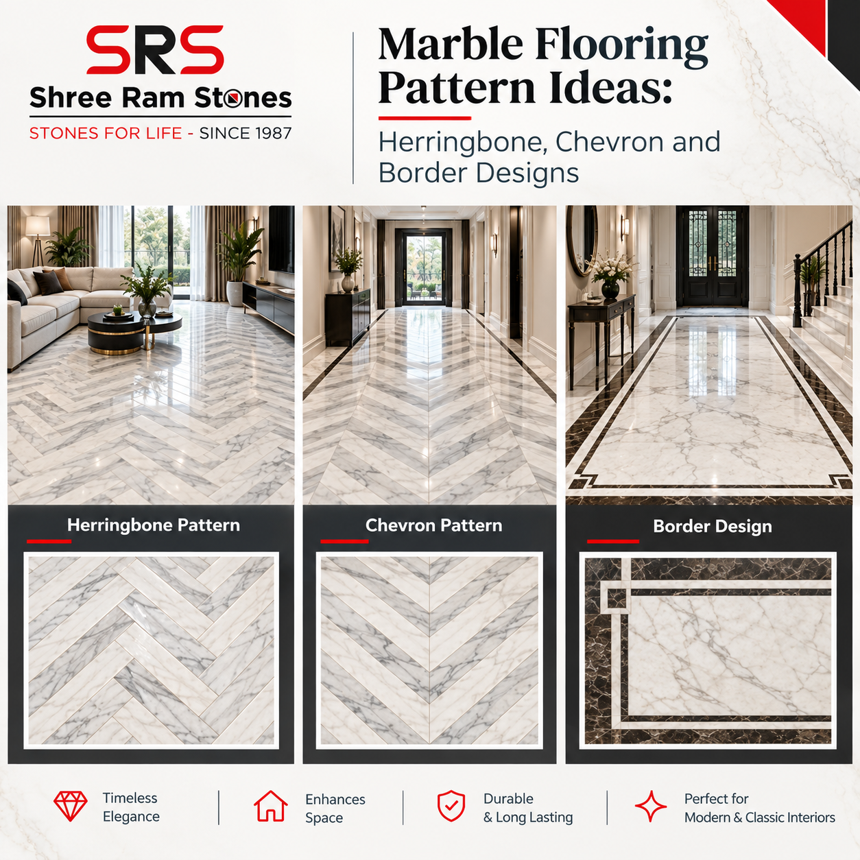 Herringbone marble flooring pattern in luxury interior