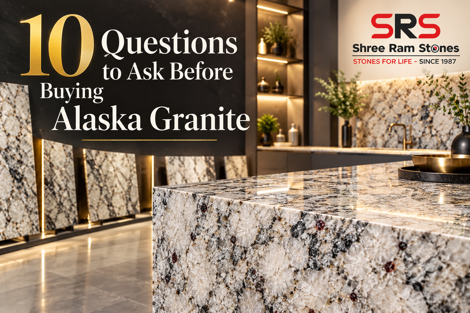 Alaska Granite slabs displayed for inspection before buying