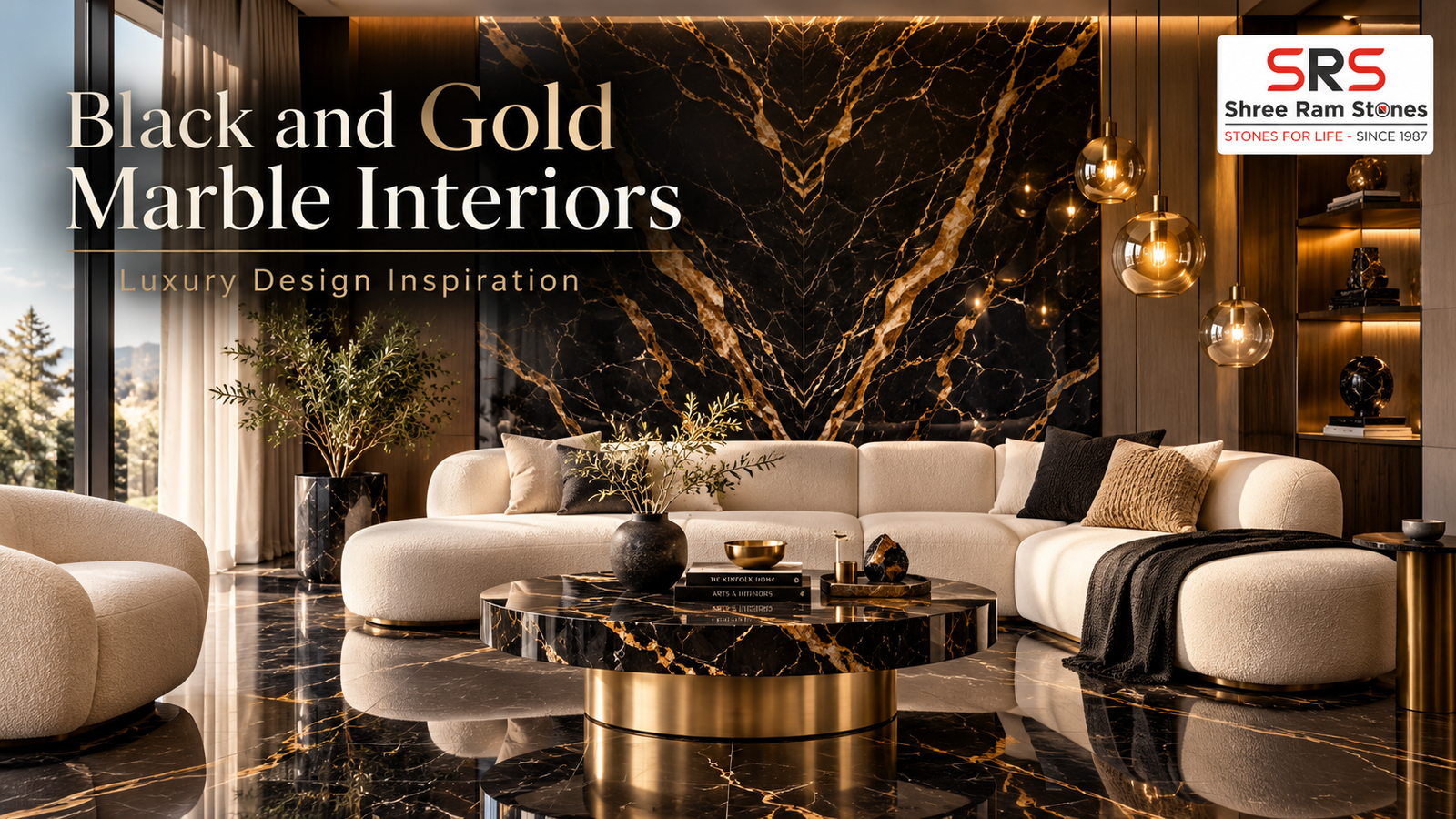Black and gold marble feature wall with cream seating and brass lighting