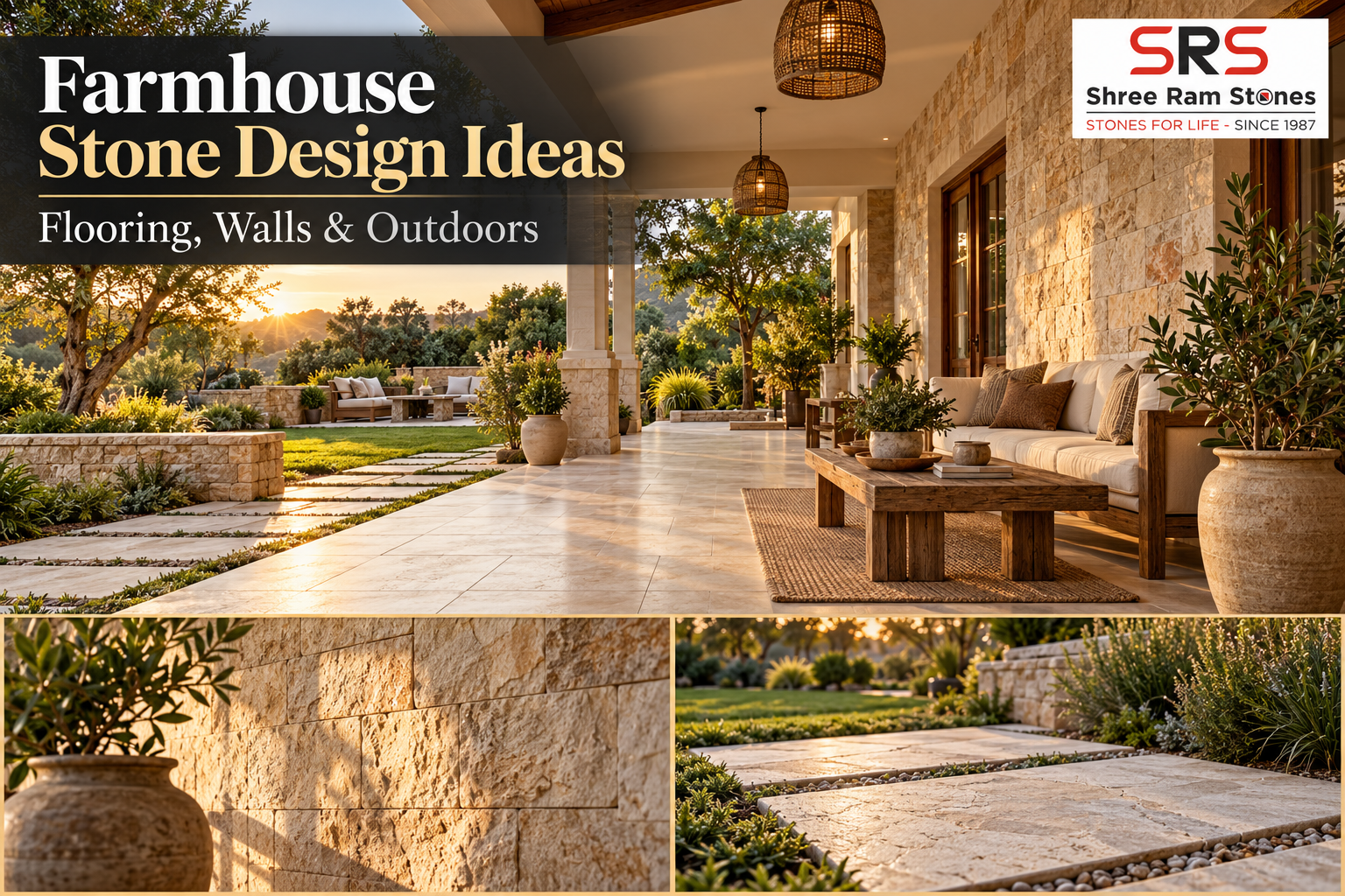 Farmhouse stone design ideas with marble flooring, textured walls, and a garden patio