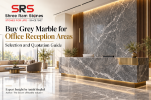 Modern office reception with grey marble flooring, a marble counter and a matching backdrop