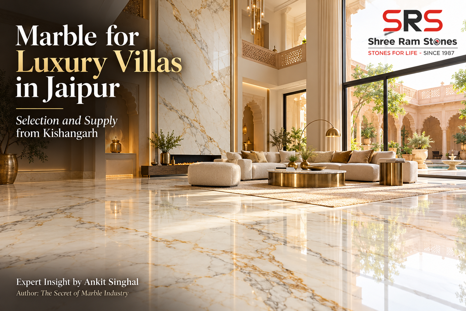 White marble flooring with grey veins in a luxury villa living room in Jaipur
