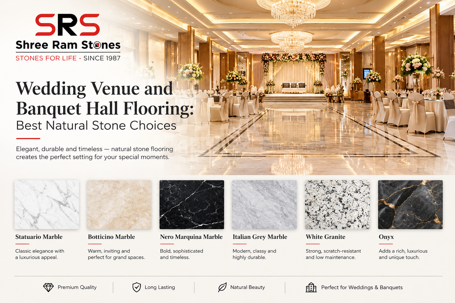 Luxury wedding venue with Italian marble and granite flooring