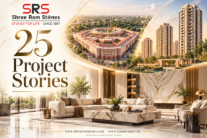 Shree Ram Stones 25 Project Stories cover with architectural illustrations and a marble living room