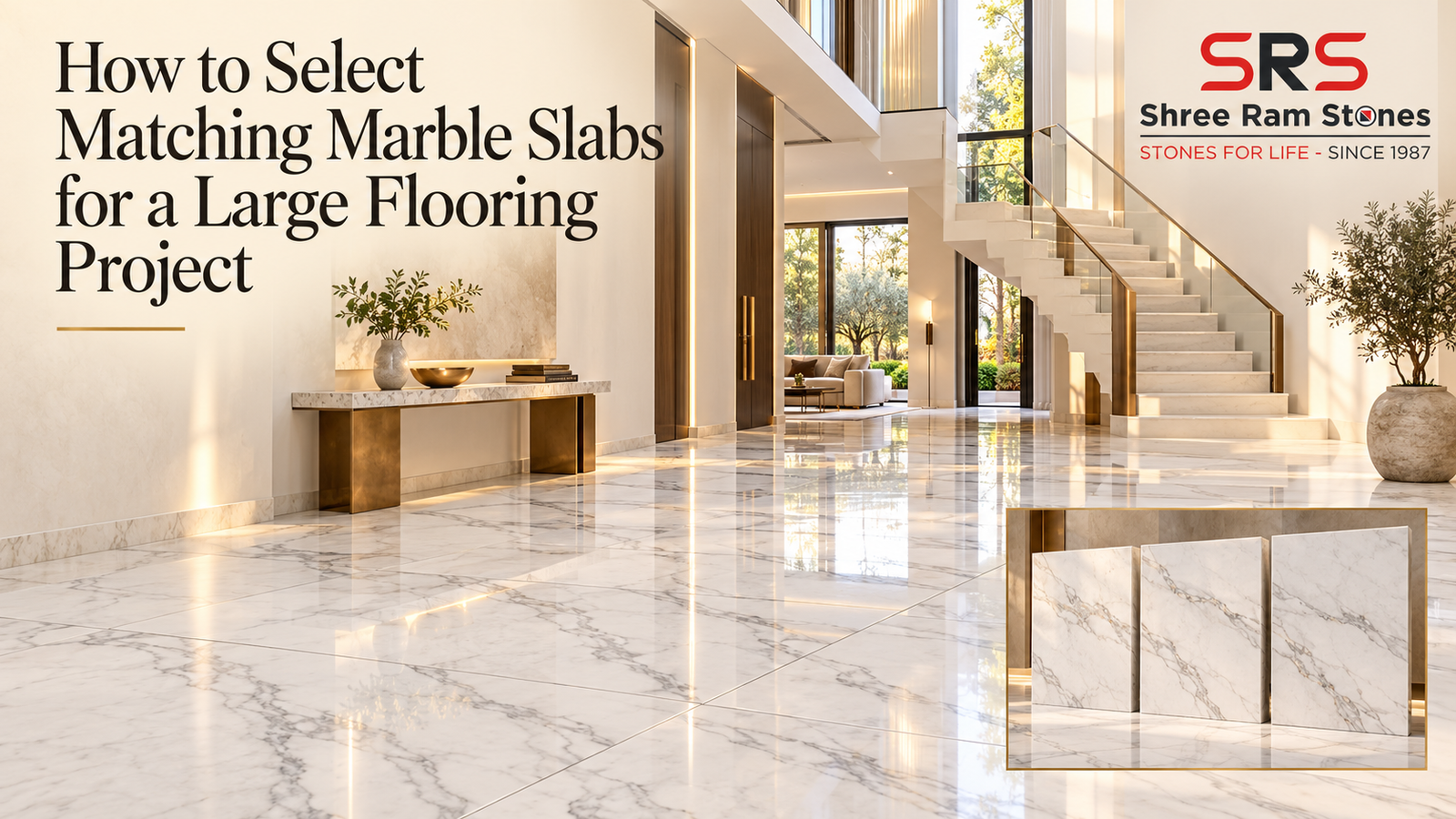 Matching marble slabs arranged across a large white marble floor