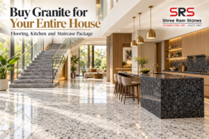Coordinated granite flooring, kitchen countertops, and staircase in a modern house