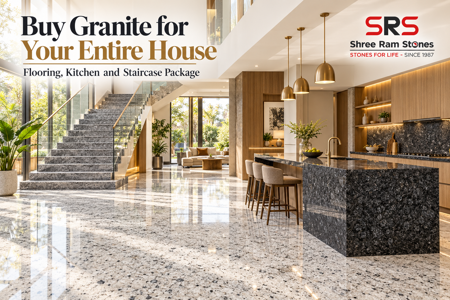 Coordinated granite flooring, kitchen countertops, and staircase in a modern house