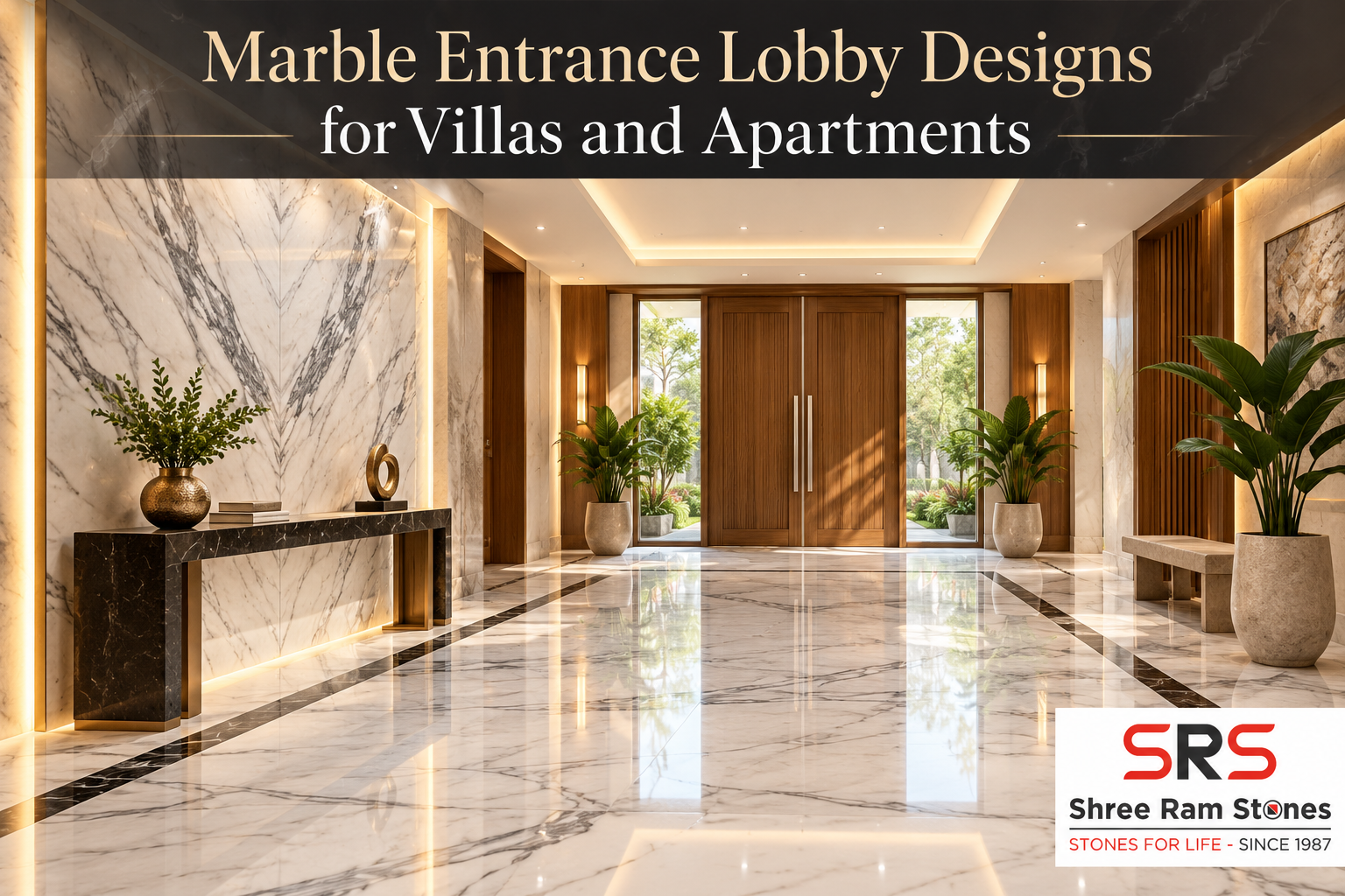 Marble entrance lobby with white flooring, a console table and warm lighting